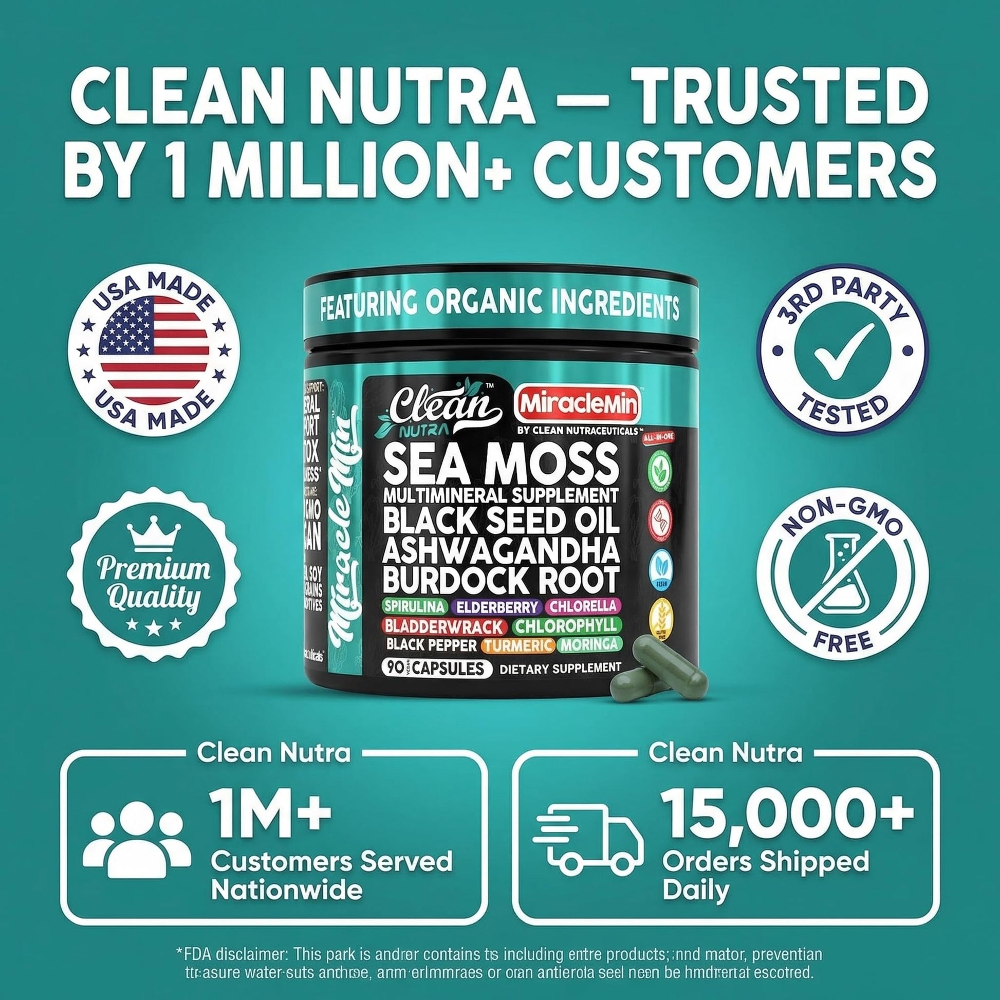 Clean Nutra Organic Sea Moss Capsules with Ashwagandha, Black Seed Oil, Burdock Root, Bladderwrack, Moringa, Chlorella, Spirulina, Turmeric, Elderberry, Amla – 90 Vegan Capsules – MiracleMin Clean NutraceuticalsBuy Supplements Australia