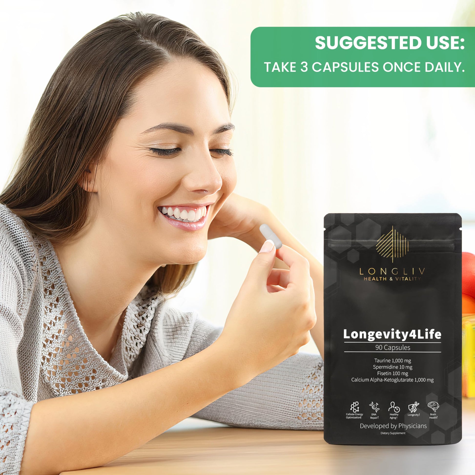 Longevity4Life - Ultimate Cellular Health Supplement - Fisetin, Taurine, Calcium Alpha-Ketoglutarate, and Spermidine Capsules for Longevity and Vitality - Made in USA - Physician Formulated LongLiv Health and VitalityBuy Supplements Australia