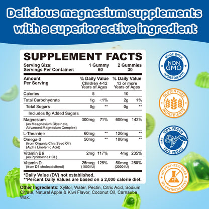 Center-Filled Magnesium Gummies for Kids 300MG - Magnesium Glycinate Gummies with L-theanine, Omega-3, Vitamin B6, D for Kids & Adults, Supplement for Sleep, Calm & Muscle Relaxation - Apple & Kiwi CNCHEFBuy Supplements Australia