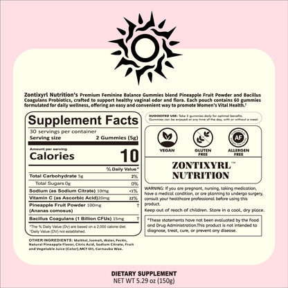 Zontixyrl Premium Feminine Balance Gummies Women - Pineapple Gummies for Women pH Probiotic and Immune Support Vegan Gluten Free 60 Gummies 30 Servings ZontixyrlBuy Supplements Australia
