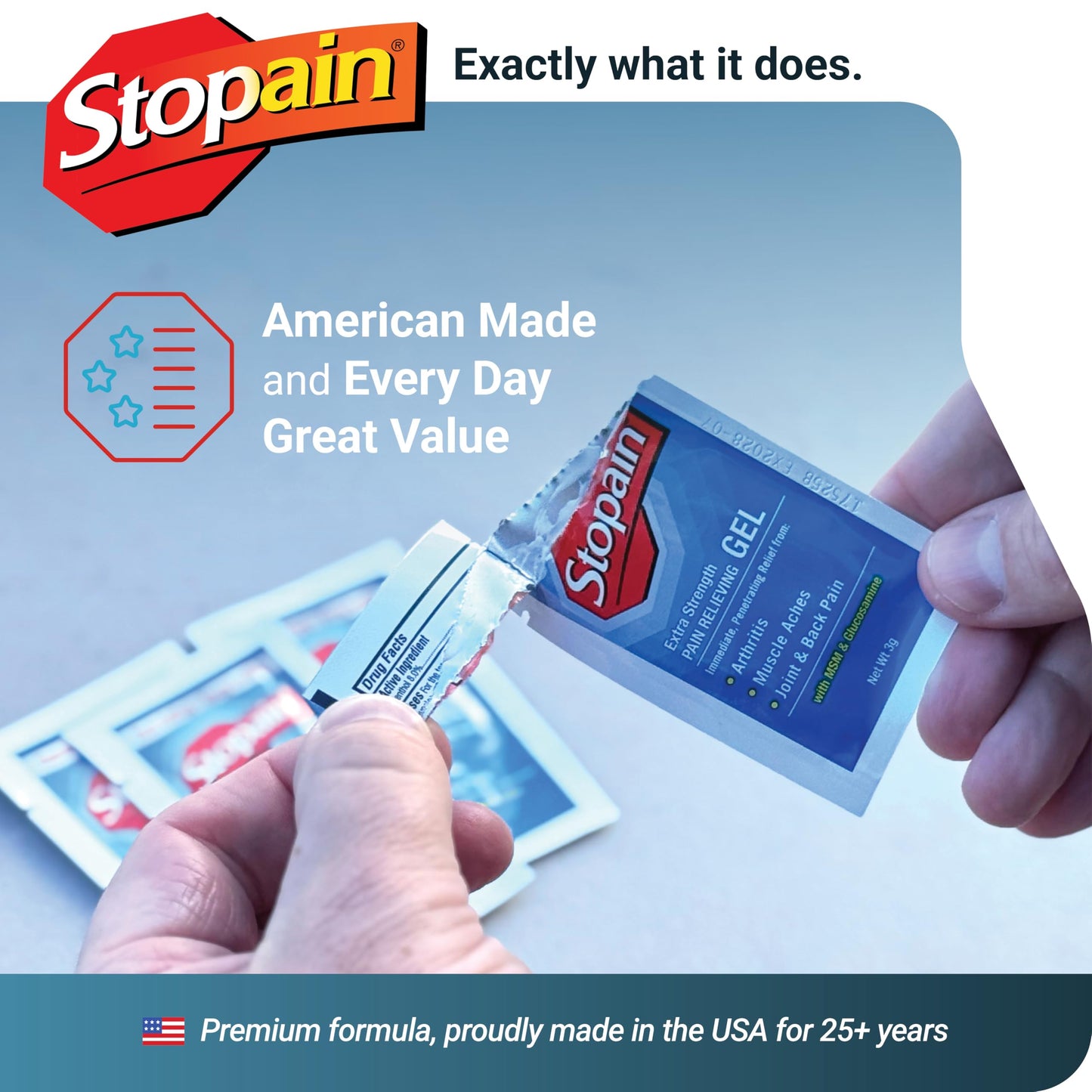 Stopain Pain Relief 3g Gel Packets, 100ct, 8% Menthol, Topical Pain Relief, Knee Pain Relief, Back Pain Relief, and Arthritis Pain Relief, Perfect for Workplace First Aid Cabinets, Made in USA StopainBuy Supplements Australia