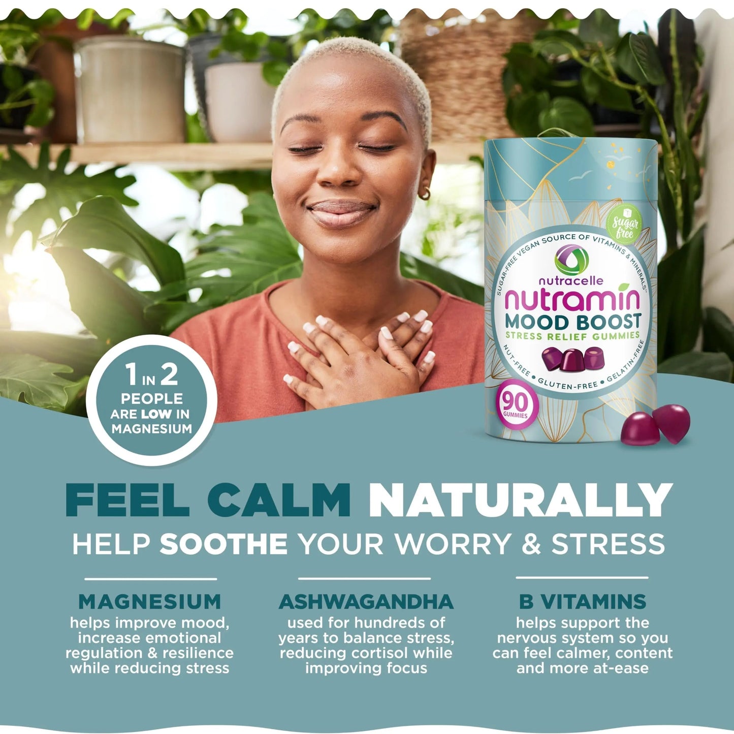 NUTRAMIN Mood Boost Multivitamin Gummy - Delicious & Yummy Anti-Stress Magnesium Ashwagandha Gummies + B Complex Vitamins for Focus and Calm Nutracelle