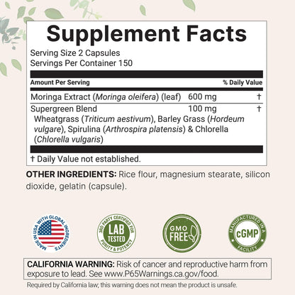 Micro Ingredients Moringa Oleifera | 300 Capsules with Supergreens Blend of Wheatgrass, Barley Grass, Spirulina, & Chlorella | Antioxidant Supplement, Energy, & Immune Support | Non-GMO Micro IngredientsBuy Supplements Australia