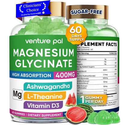 60 Day Supply Magnesium Glycinate 400mg Gummies with Ashwagandha, L-Theanine, CoQ10, Vitamin D3 & B6, Sugar Free Magnesium Gummies for Adults & Kids, Stress Relief, Sleep & Calm, Vegan, Gluten Free Venture PalBuy Supplements Australia