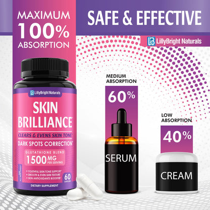 Glutathione Capsules - 1,500mcg L-Glutathione Supplement with Vitamin C - Skin Tone Enhancer - Targets Dark Spots & Acne Marks - Antioxidant Supplement for Beauty & Health Support - 60 Skin Pills LB LILLYBRIGHT NATURALSBuy Supplements Australia