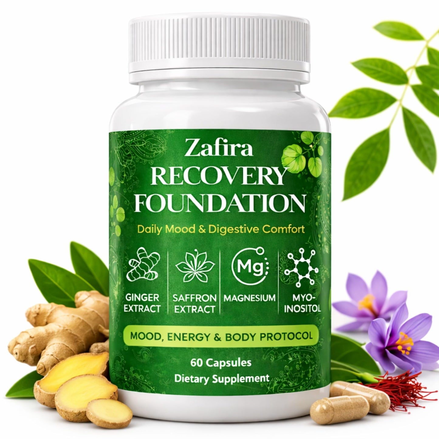 DYDUON Zafira Recovery Foundation Capsules – Mental Clarity, Hair & Mood Support, Natural Herbal Formula with Saffron Extract, Ginger Extract, L-Theanine, Myo-Inositol, Non-GMO, 60 Capsules DYDUONBuy Supplements Australia