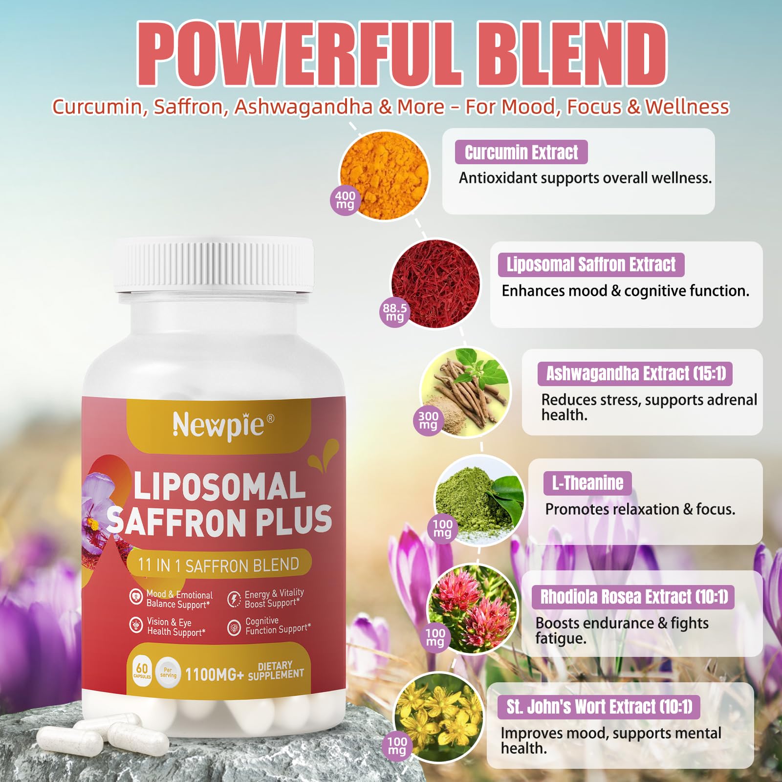 Newpie Saffron Supplements - 100% Pure Saffron Extract Capsules - Natural Mood Enhancer, Supports Eye & Heart Health, Boosts Energy - Premium Supplement for Women & Men（60 Servings (1) NewpieBuy Supplements Australia