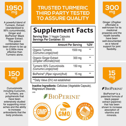 Turmeric Curcumin with BioPerine & Ginger 95% Standardized Curcuminoids 1950mg Nature's NutritionBuy Supplements Australia