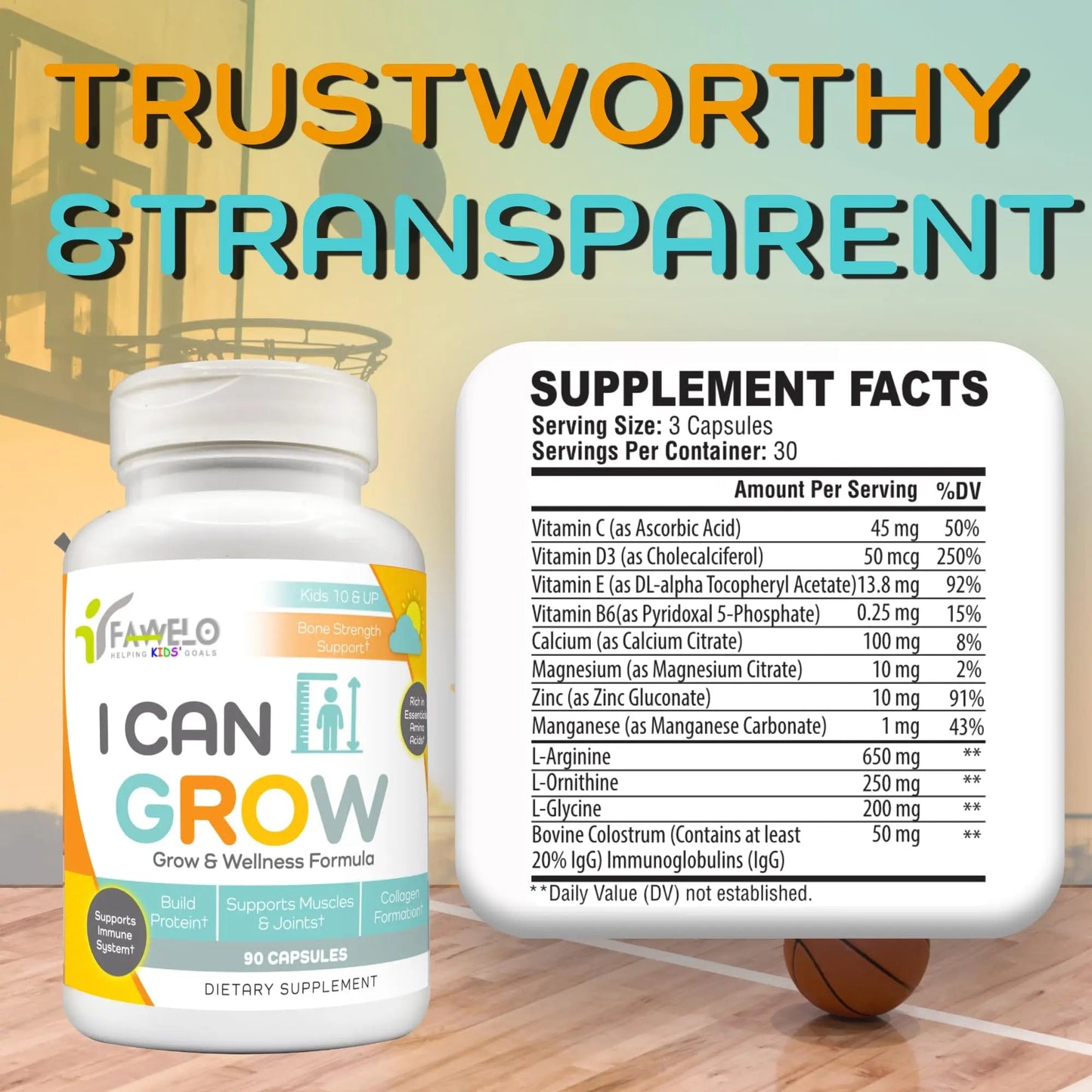 Fawelo I Can Grow Day-Time for Kids 10+ & Teens | Growth & Development Support with L-Arginine, Colostrum, Calcium, D3, Magnesium, Zinc | FaweloBuy Supplements Australia