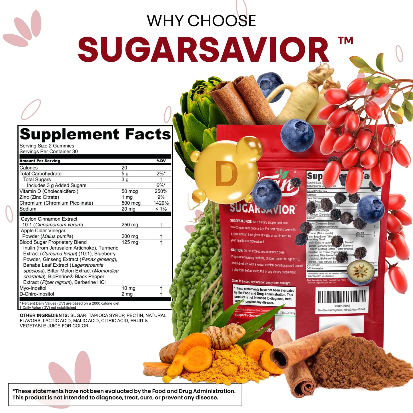 Sugar Savior Ceylon Cinnamon Berberine Gummies Apple Cider Vinegar Artichoke Turmeric Blueberry Ginseng Banaba Bitter Melon Black Pepper Vitamin D Zinc GLP1 Gummies 60 Count by Clean Nutra Clean NutraceuticalsBuy Supplements Australia
