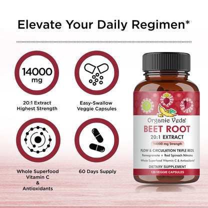 Organic Veda Beet Root Capsules - Triple Reds Nitric Oxide Beets Supplements - Concentrated Nitrates and Vitamin C Blend of Beet Root Extract, Red Spinach, Pomegranate, Black Pepper - 120 Capsules