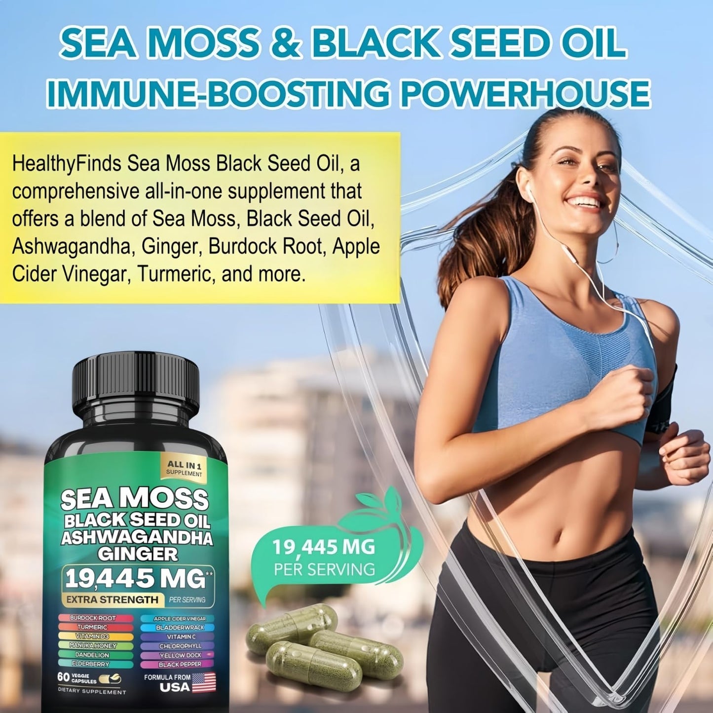HealthyFinds Sea Moss Black Seed Oil Ashwagandha Ginger Capsules with Turmeric Bladderwrack Burdock & Vitamin C Vitamin D3 with Elderberry Manuka Dandelion Yellow Dock Iodine Chlorophyll ACV HealthyFindsBuy Supplements Australia