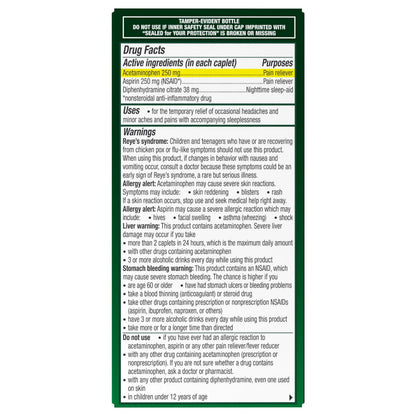 Excedrin PM for Headache Relief, Acetaminophen 250mg, Aspirin 250mg, Diphenhydramine Citrate 38mg, Pain Reliever, Nighttime Sleep-Aid, 100 Count ExcedrinBuy Supplements Australia