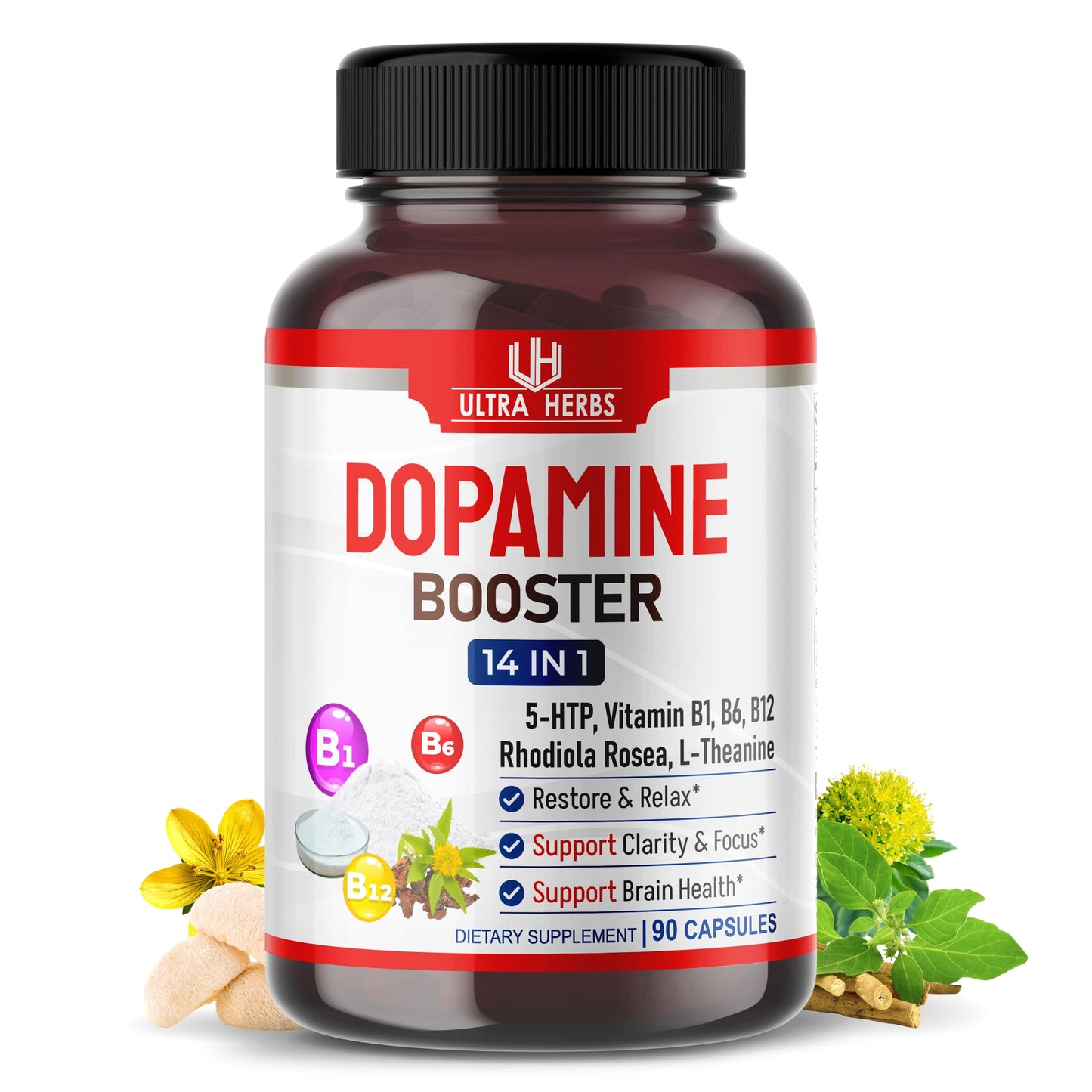 Dopamine Focus Supplement Ashwagandha 5-HTP Rhodiola Rosea St. John's Wort - Increase Memory Clarity Focus Restore Relax with VIT B1, B6, B12, L-Theanine ULTRA HERBSBuy Supplements Australia