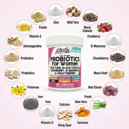 Clean Nutraceuticals Probiotics for Women with D Mannose, Cranberry Extract, Wild Yam, Chasteberry - 20 Probiotic and Prebiotic Strains - PH Balance, Womens Probiotic for Digestive Health - 60 Count Clean NutraceuticalsBuy Supplements Australia