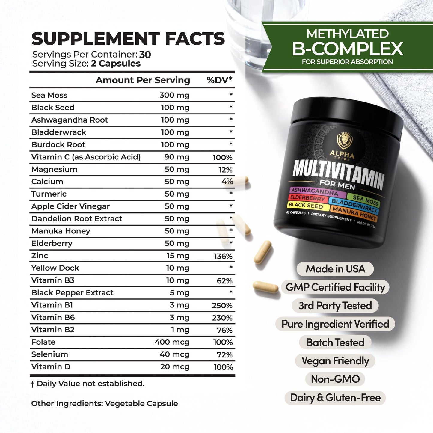 Alpha Tribe Multivitamin for Men with Seamoss Black Seed Oil Ashwagandha Burdock Root, Turmeric Bladderwrack, Vitamin C, Elderberry, Manuka, Yellow Dock | Daily Men's Vitamins and Minerals Supplement Alpha TribeBuy Supplements Australia