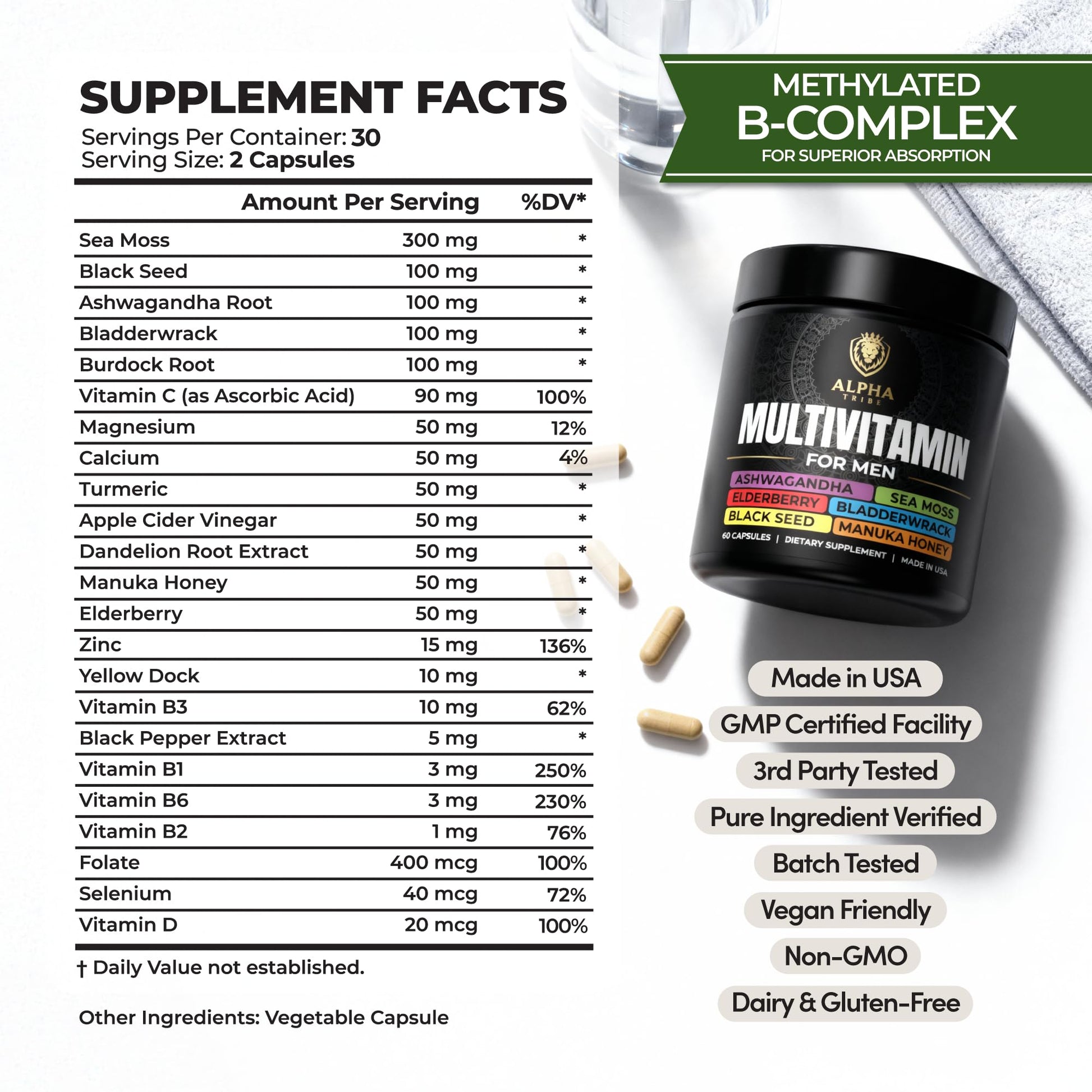 Alpha Tribe Multivitamin for Men with Seamoss Black Seed Oil Ashwagandha Burdock Root, Turmeric Bladderwrack, Vitamin C, Elderberry, Manuka, Yellow Dock | Daily Men's Vitamins and Minerals Supplement Alpha TribeBuy Supplements Australia