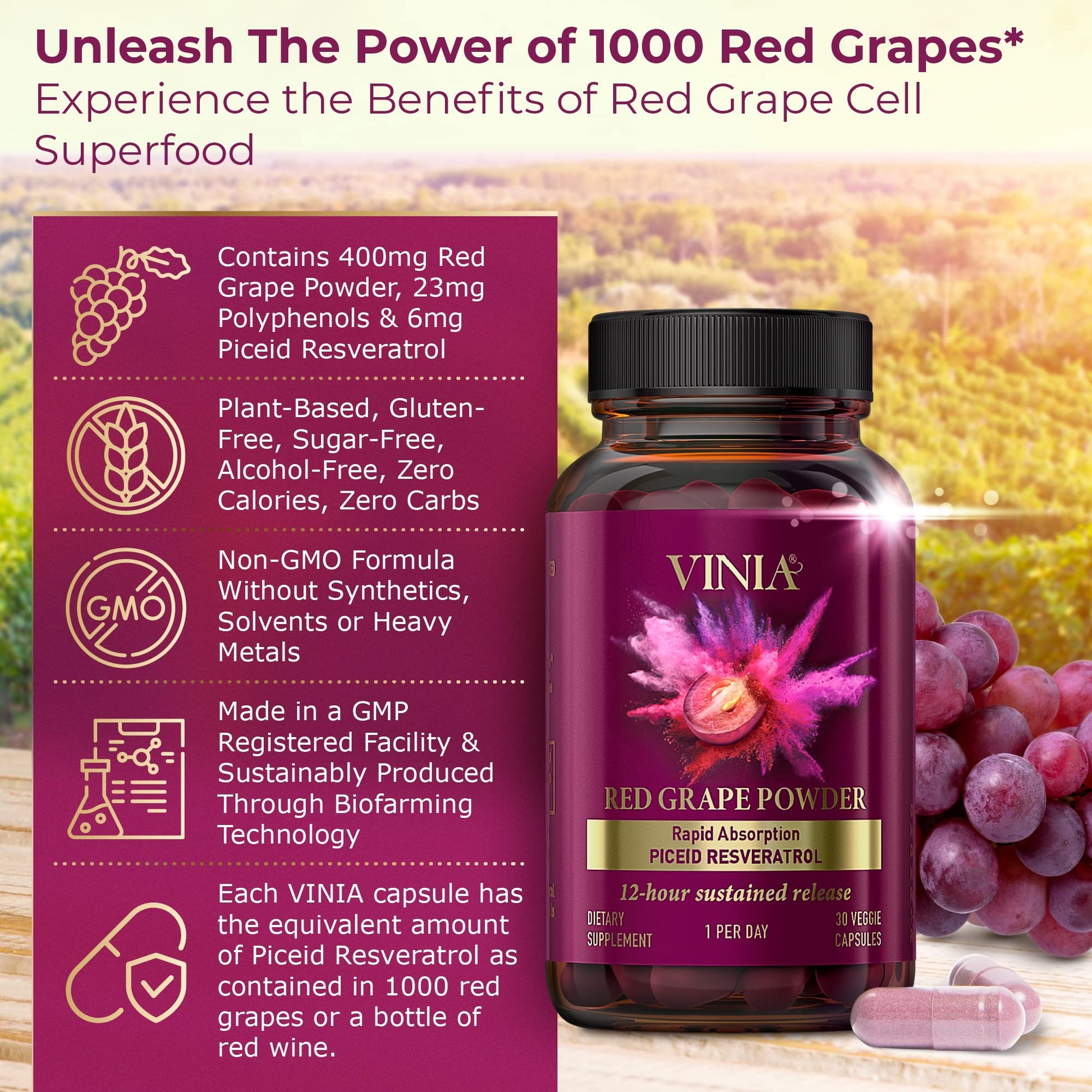 VINIA 12-Hour Sustained Release Piceid Resveratrol Supplement. Nitric Oxide Supplement VINIABuy Supplements Australia