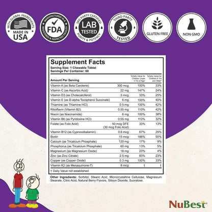 NuBest Tall Kids - Multivitamins & Minerals for Age 2 to 9 - Bone Strength & Immunity Support - Helps Kids, Toddlers Healthy NuBest