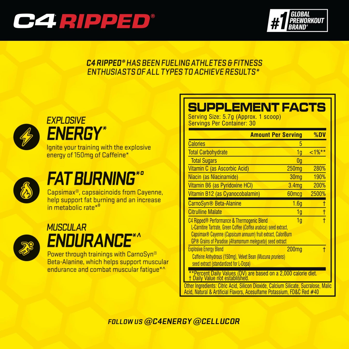 Cellucor C4 Ripped Pre Workout Powder Cherry Limeade | Creatine Free + Sugar Free CellucorBuy Supplements Australia