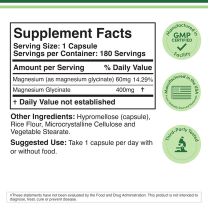 Magnesium Glycinate 400mg | 180 Capsules | Sleep, Muscle, & Heart Support | Vegan, Third Party Tested, Gluten Free