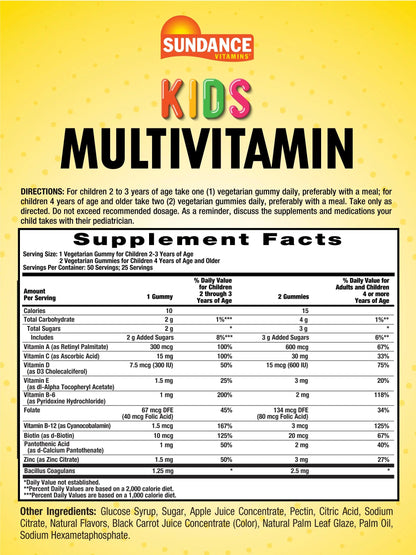 Sundance Kids Multivitamin Gummies | with Vitamins D3, C, B12, and Zinc | 50 Count | Mixed Berry Flavor | Sundance