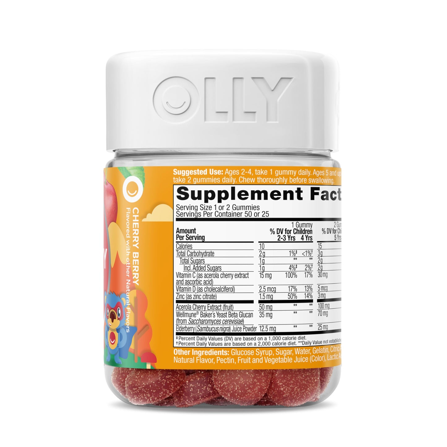 OLLY Kids Immunity Gummy, Immune Support, Wellmune, Elderberry, Vitamin C, Zinc, Chewable Supplement, Cherry - 50 Count