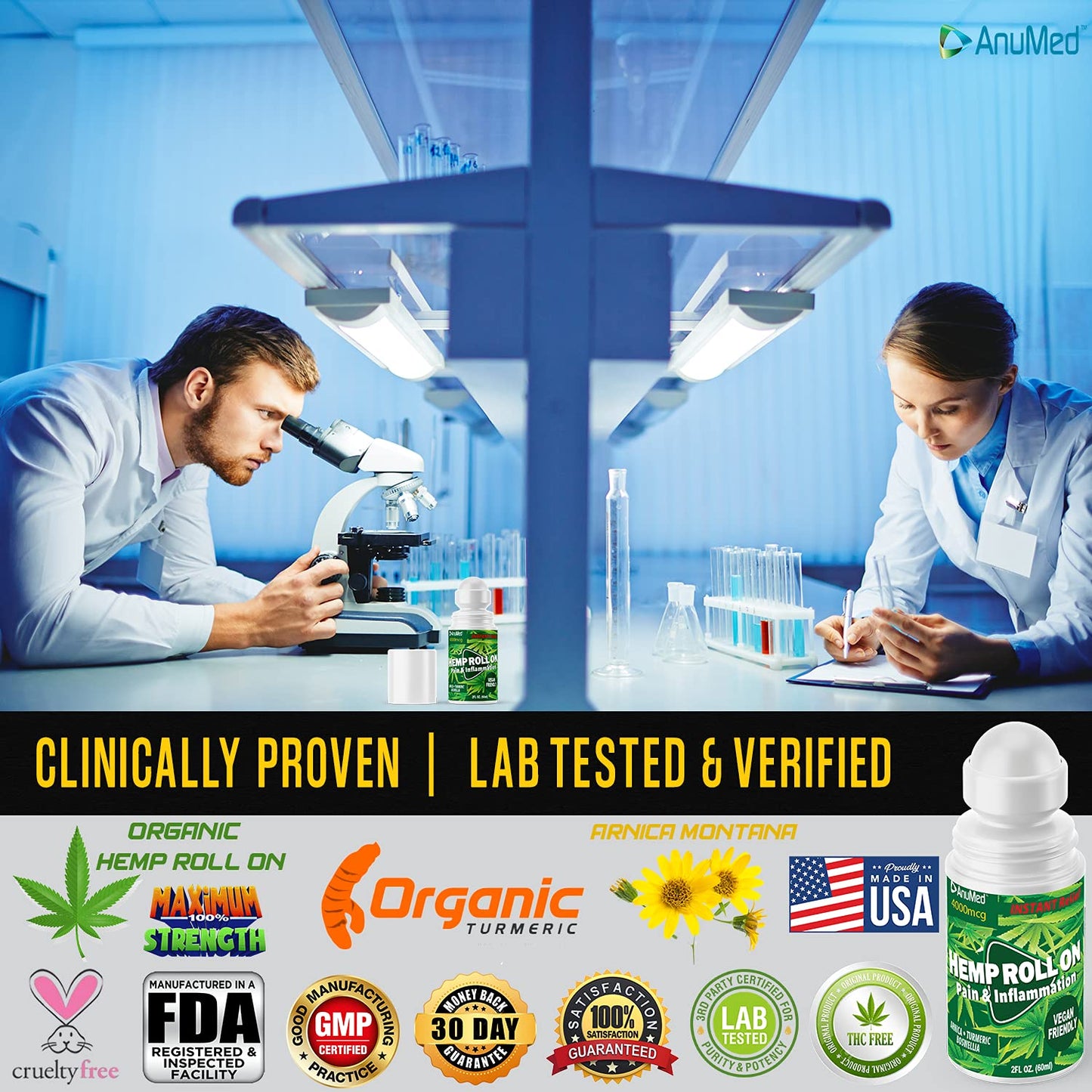 ANUMED Hemp Roll-On 4000mg Pain Relief. Fast Acting, Long Lasting, Maximum Strength with Arnica + Turmeric for Anti-Inflammatory, Natural Recovery, Joint, Muscle, Nerve Pain Reliever 2 Packs of (1oz) AnuMed InternationalBuy Supplements Australia