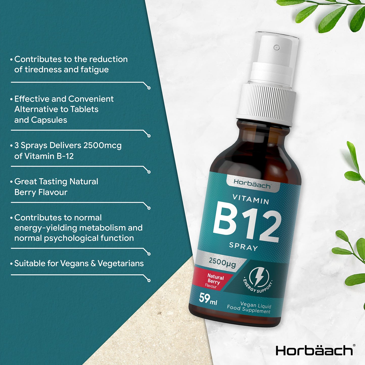 Vitamin B12 Spray 2500mcg | 59ml | High Strength Supplement | Natural Berry Flavour HorbäachBuy Supplements Australia