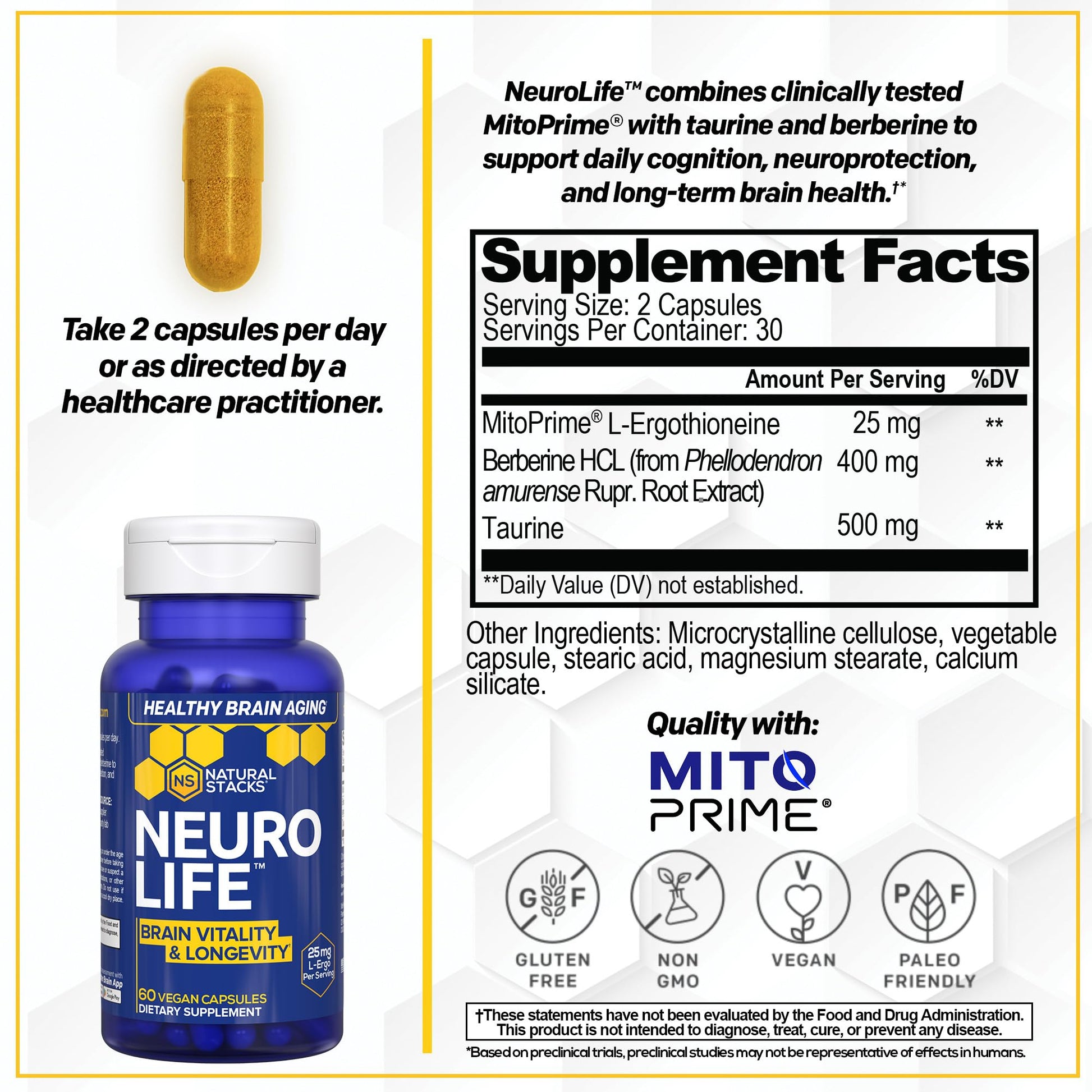NeuroLife Longevity Supplement - 500mg Taurine & 400mg Berberine Supplement - Clinically Tested MitoPrime L-Ergothioneine - Brain Support for Cognitive Vitality - 60 Berberine Capsules NATURAL STACKSBuy Supplements Australia