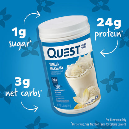 Quest Nutrition Vanilla Milkshake Protein Powder, 24g of Protein, 1g of Sugar, Low Carb, Gluten Free, 1.6 Pound, 23 Servings