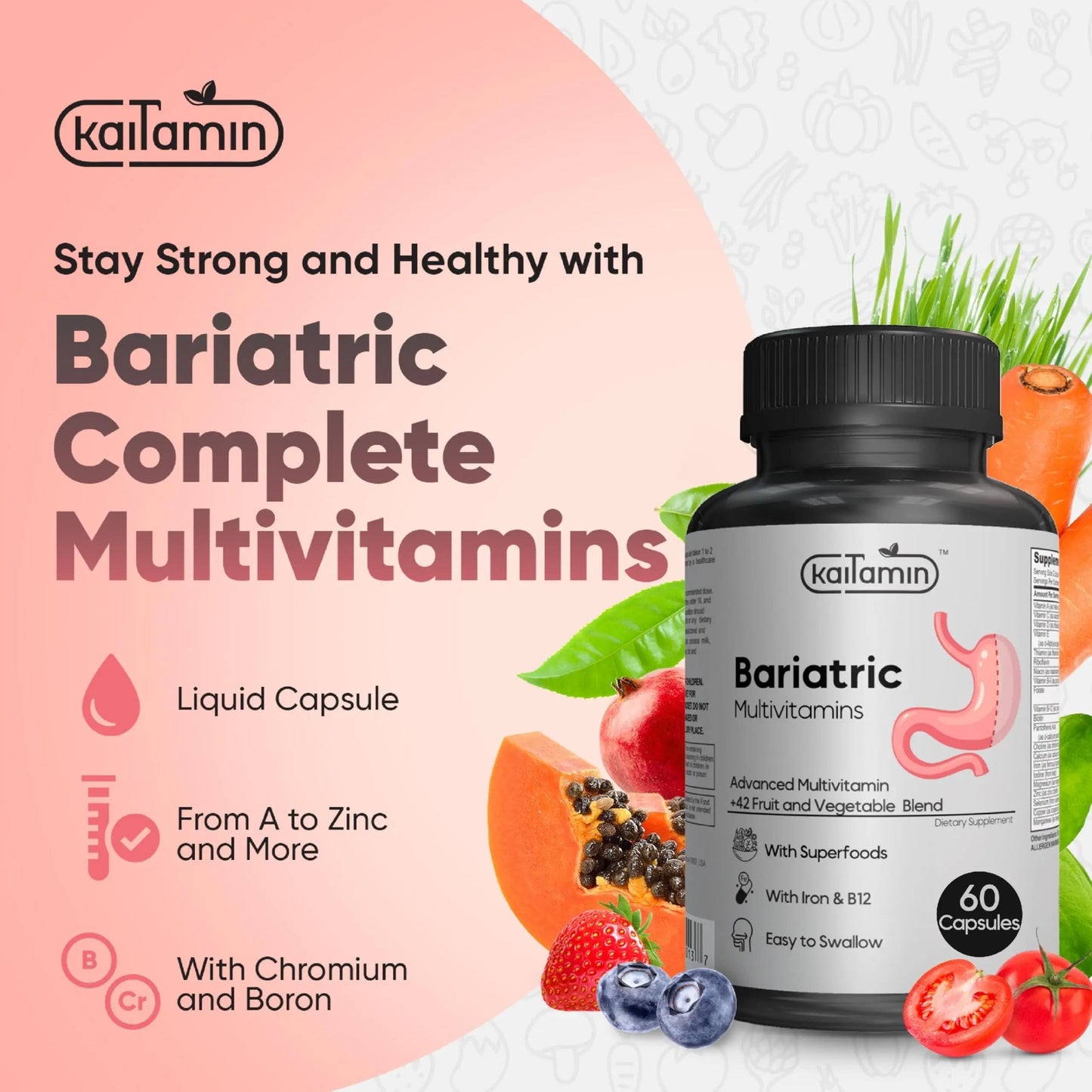 Bariatric Multivitamin with Iron - Easy-to-Swallow Capsule for Post Bariatric Surgery - Post Sleeve and Post Bypass KaitaminBuy Supplements Australia