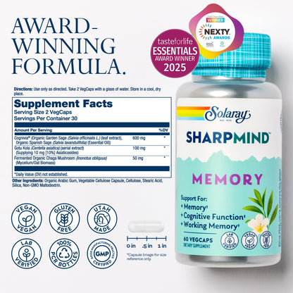 SOLARAY SharpMind Memory Formula - Brain Supplements for Memory and Focus - Cognivia, Gotu Kola & Chaga Mushroom Supplement - Ginkgo Biloba Alternative - 60-Day Guarantee - 30 Servings, 60 VegCaps SOLARAYBuy Supplements Australia