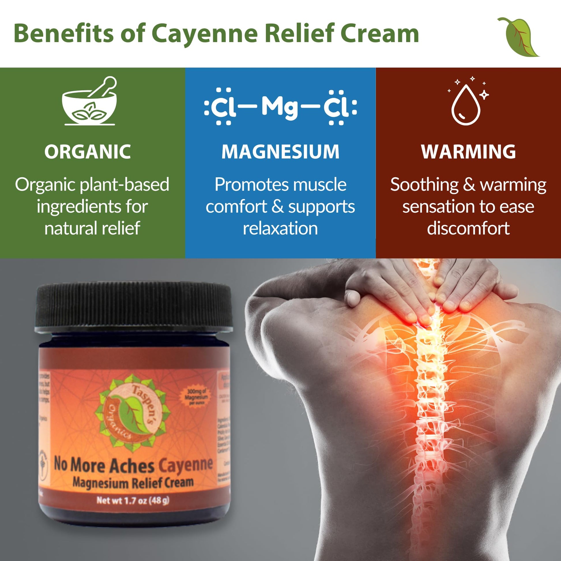 Taspen's Organics Magnesium No More Aches Cayenne Relief Cream – Pain, Tension & Nerve Comfort – Muscle Relief – Warming with Cayenne, Ginger, Arnica & St. John's Wort – Topical Fast Relief (1.7 oz) Taspen's OrganicsBuy Supplements Australia