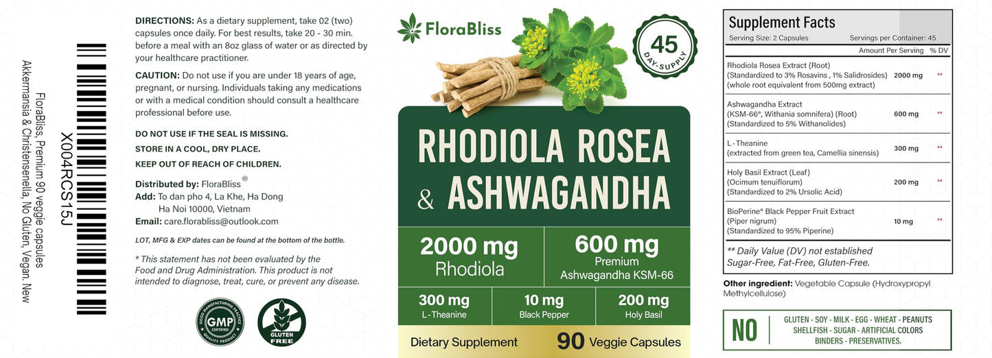 FloraBliss Rhodiola Rosea with Ashwagandha KSM-66, L-Theanine, Holy Basil & Black Pepper - 90 High Potency Vegan Capsules - 45-Day Supply FloraBlissBuy Supplements Australia
