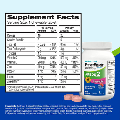 PreserVision AREDS 2 Eye Vitamins, #1 Eye Doctor Recommended Brand, Chewable Lutein and Zeaxanthin Supplement with Vitamin C, Vitamin E,Zinc, and Copper, Mixed Berry, 60 Tablets PreserVisionBuy Supplements Australia