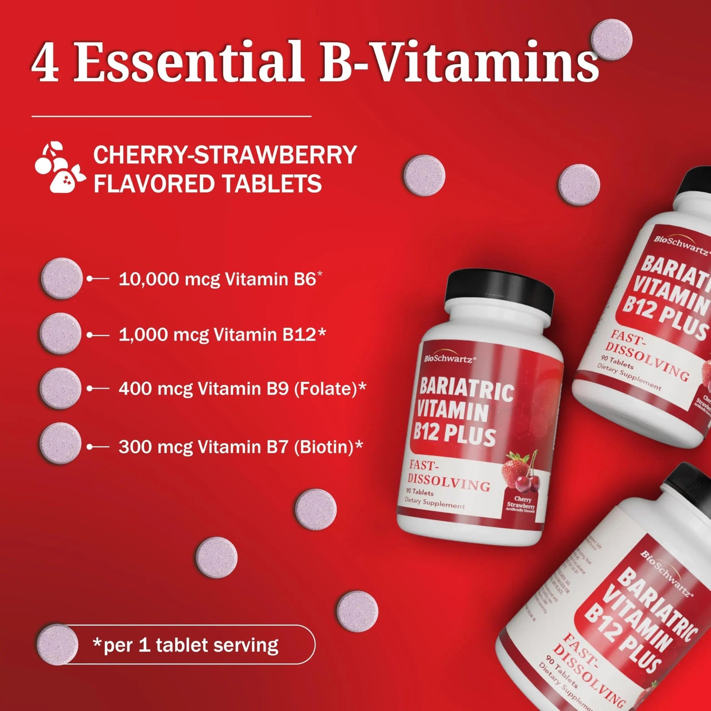 BioSchwartz Bariatric B12 Plus Dissolvable Tablets - 1000mcg Vitamin B12, Vitamin B6, Folate, Biotin - Cherry Strawberry Flavor BioSchwartz