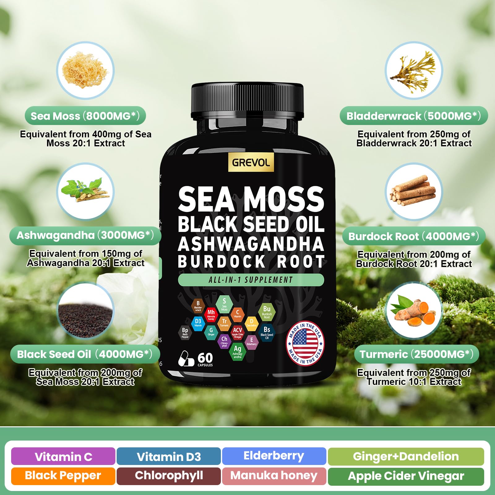 Sea Moss Black Seed Oil Ashwagandha Bladderwrack Burdock Root Turmeric & Vitamin C D3 Elderberry ACV Black Pepper - Multimineral Supplement - 60 Count GrevolBuy Supplements Australia