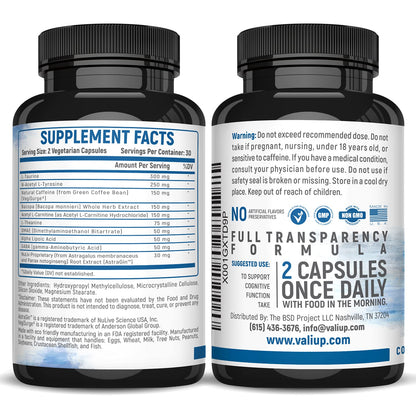 VALI Neuro Force Brain Booster Supplement for Focus, Memory, Clarity & Energy. Extra Strength Nootropic Cognitive Function Support for Mental Performance. with Natural Caffeine. 60 Veggie Capsules VALIBuy Supplements Australia
