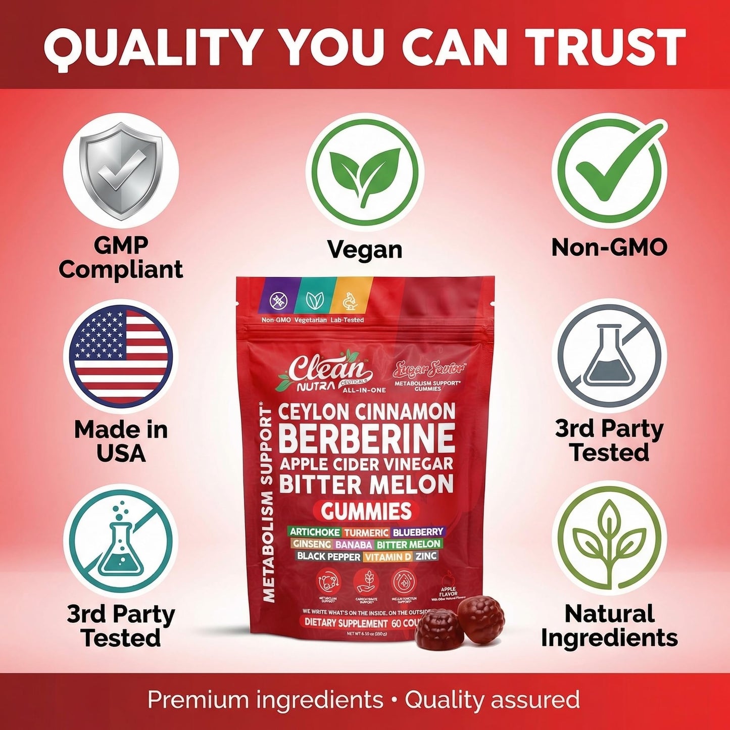 Sugar Savior Ceylon Cinnamon Berberine Gummies Apple Cider Vinegar Artichoke Turmeric Blueberry Ginseng Banaba Bitter Melon Black Pepper Vitamin D Zinc GLP1 Gummies 60 Count by Clean Nutra Clean NutraceuticalsBuy Supplements Australia