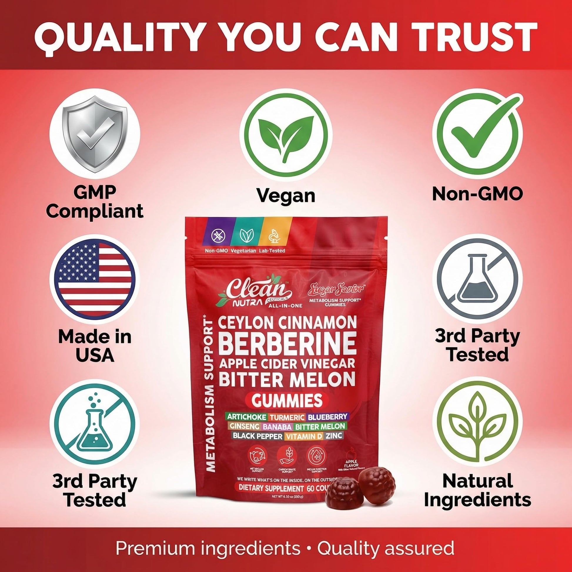 Sugar Savior Ceylon Cinnamon Berberine Gummies Apple Cider Vinegar Artichoke Turmeric Blueberry Ginseng Banaba Bitter Melon Black Pepper Vitamin D Zinc GLP1 Gummies 60 Count by Clean Nutra Clean NutraceuticalsBuy Supplements Australia