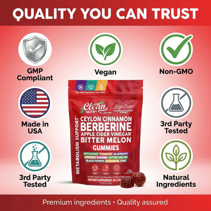 Sugar Savior Ceylon Cinnamon Berberine Gummies Apple Cider Vinegar Artichoke Turmeric Blueberry Ginseng Banaba Bitter Melon Black Pepper Vitamin D Zinc GLP1 Gummies 60 Count by Clean Nutra Clean NutraceuticalsBuy Supplements Australia