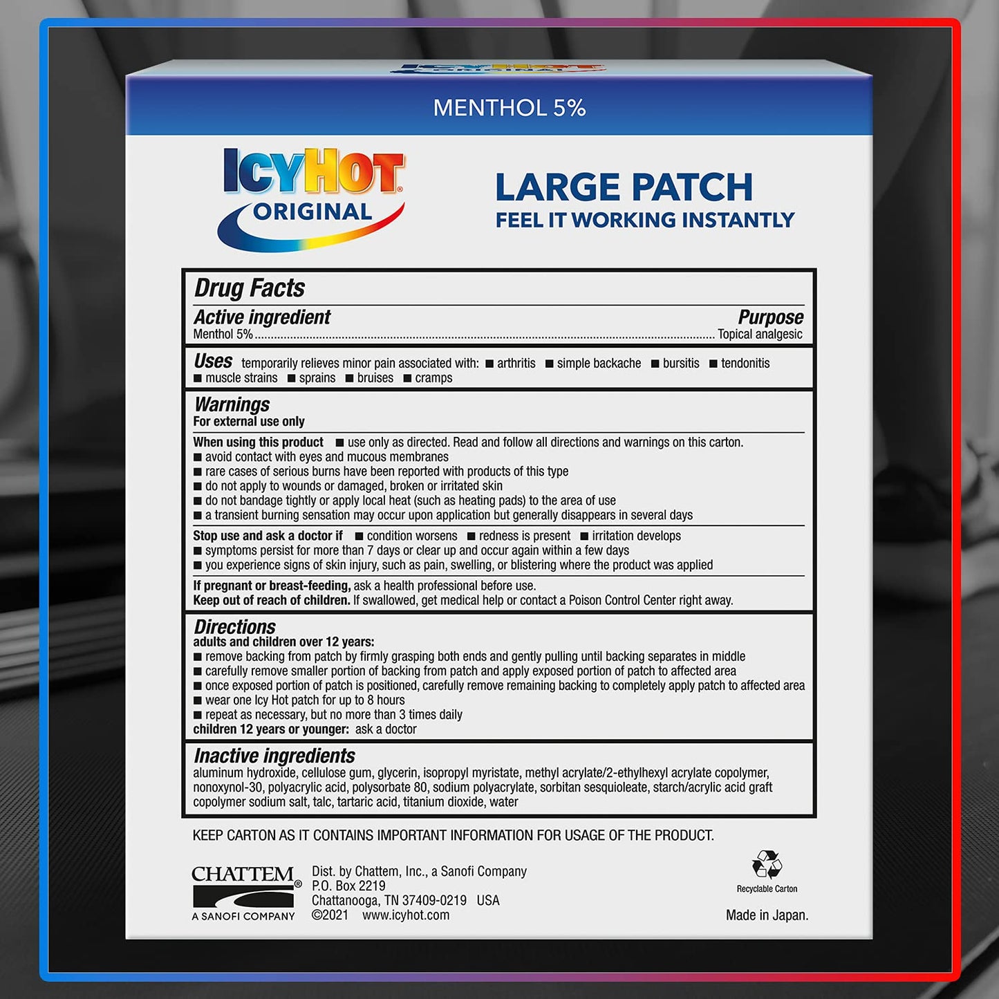 Icy Hot Original Pain Relief Patch, Large Size Comfortable Fabric Patches with Menthol 5%, Ice and Heat Contrast Therapy for Backaches, Joints, Muscle Strains and Arthritis, 5 ct. Icy HotBuy Supplements Australia