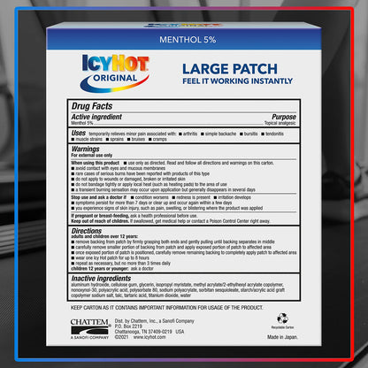Icy Hot Original Pain Relief Patch, Large Size Comfortable Fabric Patches with Menthol 5%, Ice and Heat Contrast Therapy for Backaches, Joints, Muscle Strains and Arthritis, 5 ct. Icy HotBuy Supplements Australia