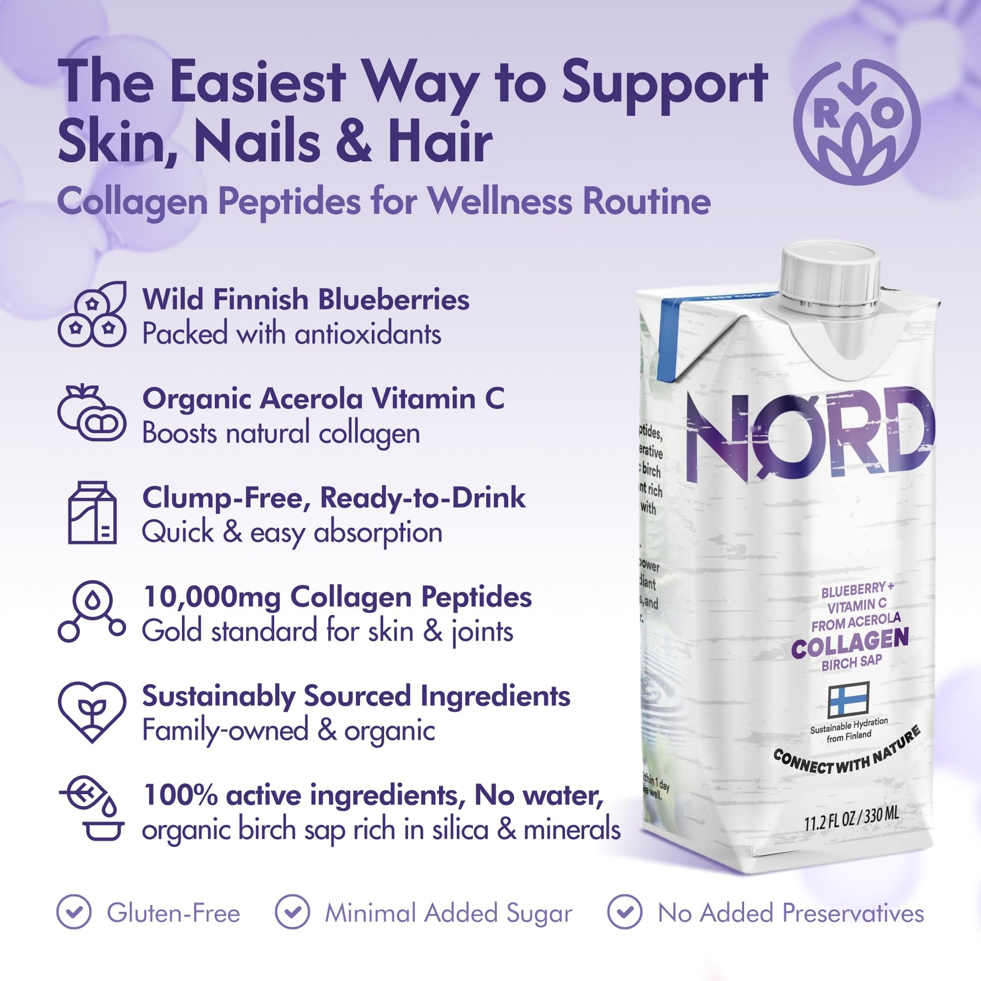 Nordic Liquid Collagen Peptide Drink, Organic Birch Sap, Wild blueberry + Vitamin C, Made in Finland - 10g Clinically Studied Grass Fed Collagen Peptides for Skin Hair Nails & Joint Support, with Silica, BPA-Free Beverage (12 Pack) Nordic Tree WaterBuy Supplements Australia