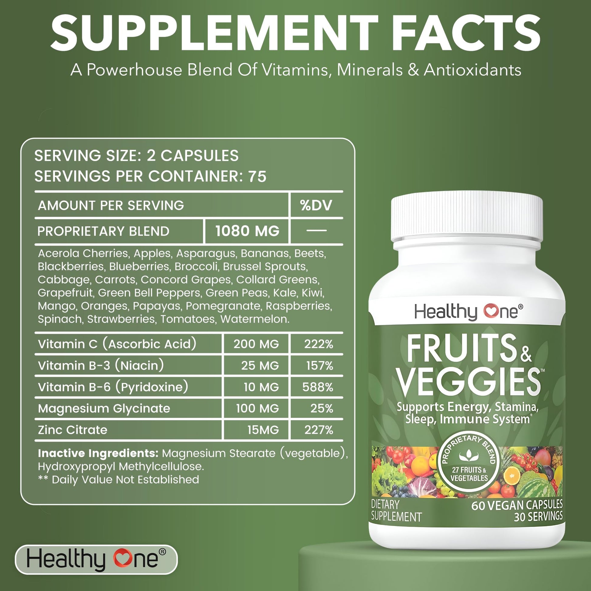 Fruits & Veggies Formula - 27 Premium Whole Foods - Organic Ingredients - Equals 3 Servings of Fruits & Vegetables - Improve Energy, Focus & Immune Function - Fiber - Antioxidants - 150ct (75 Serv) Healthy OneBuy Supplements Australia