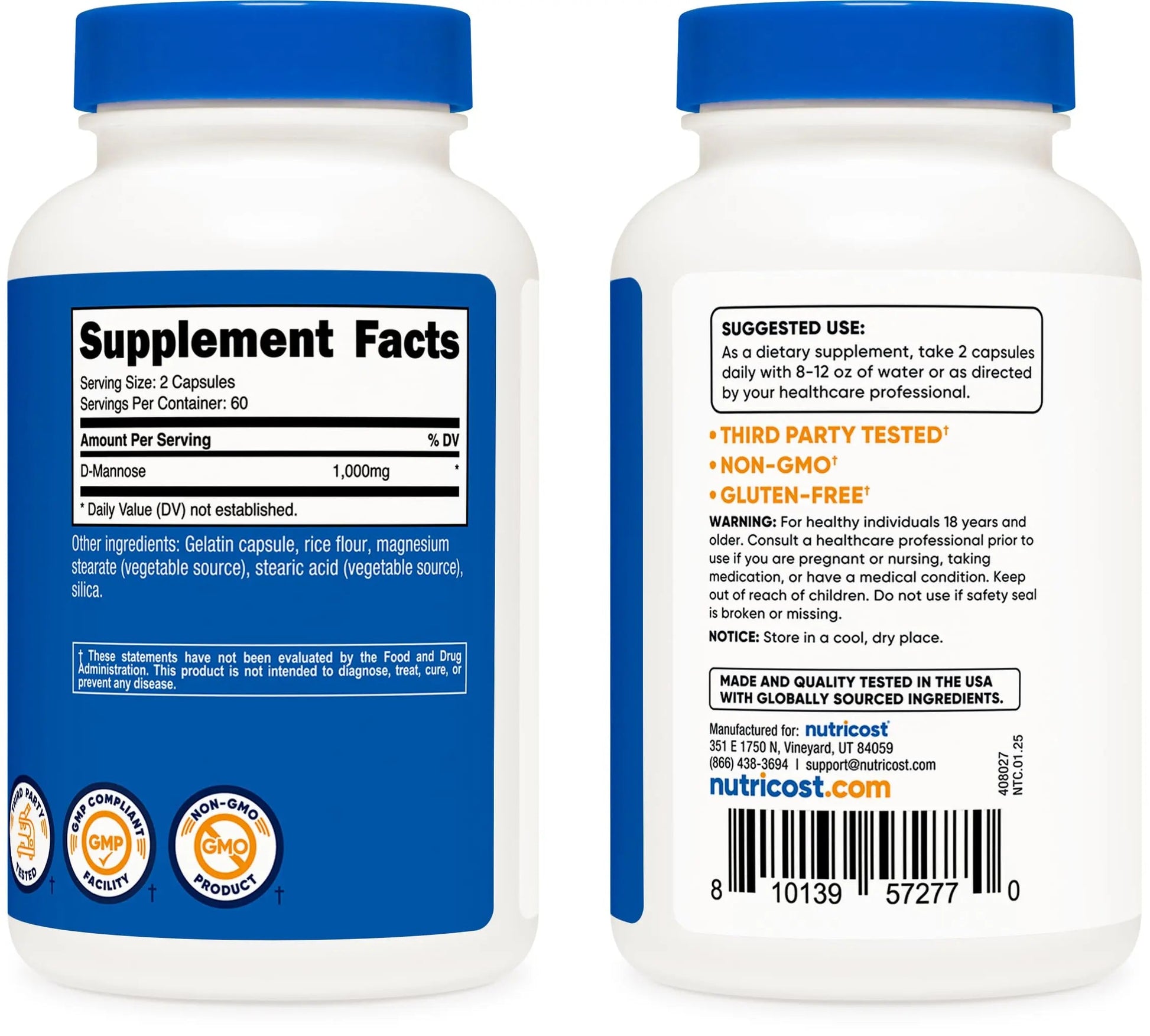 Nutricost D-Mannose 1000mg Per Serving, 120 Capsules - 500mg Per Capsule, Urinary Tract Health, Non-GMO and Gluten Free (Pack of 2) NutricostBuy Supplements Australia