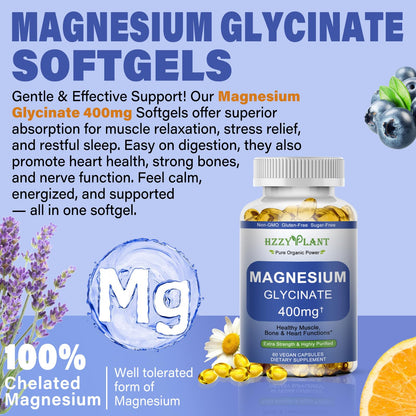 Magnesium Glycinate Softgels, High Absorption Magnesium Glycinate 400mg Supplement for Muscle, Heart, Sleep & Bone Support, Bisglycinate Softgel Capsules Supplement, Vegan, Non-GMO, 2 Month Supply HZZYPLANTBuy Supplements Australia