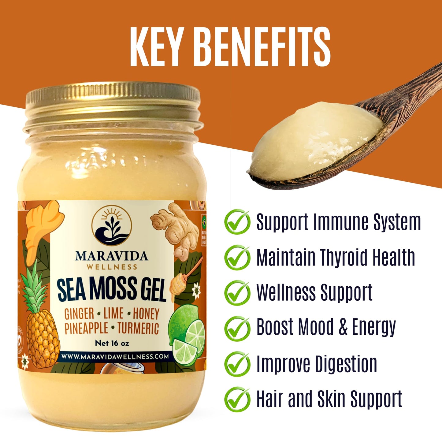 Maravida Wellness Sea Moss Gel – Pineapple, Lime, Honey, Ginger & Turmeric – 100% Natural Raw Organic Irish Moss – 16oz Jar – Premium Superfood for Everyday Wellness Maravida WellnessBuy Supplements Australia
