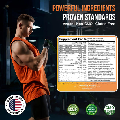 NutriTorch Multivitamin for Men – Adult Dietary Supplement with Vitamins A, C & D, Minerals & Antioxidants for Immune Support, Increased Energy NutriTorch
